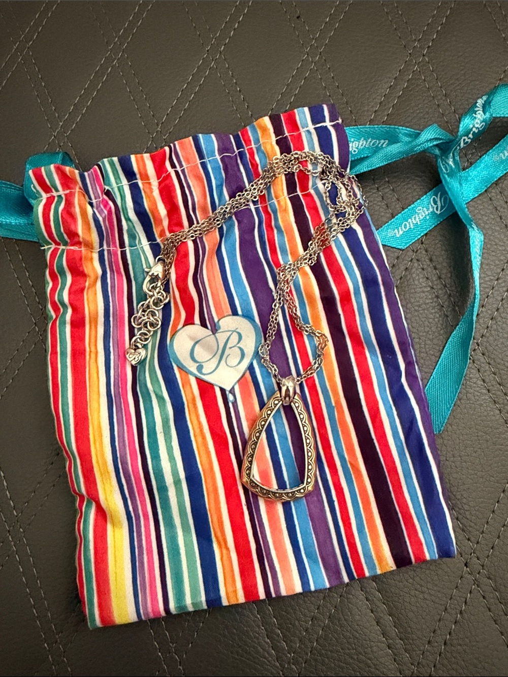 Brighton Silver and Gold Pendant Necklace with Multicolor Stripe Pouch